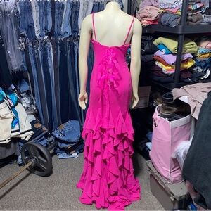 Glamour by Terani High Low Formal Gown Cascading Twirl Ruffle Hem Hot Pink -flaw